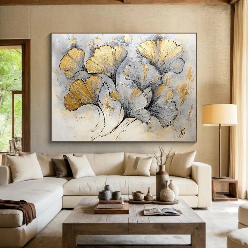 “Gilded Ginkgo Leaves” - Gold, Silver, Gray - Textured Botanical Gilded - Acrylic Painting HB1327