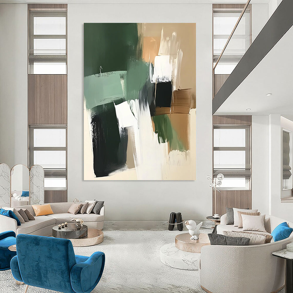 Contemporary hand-painted abstract artwork featuring green white and brown tones with thick brush strokes on a dark beige background with sage green shapes. DLZ1035