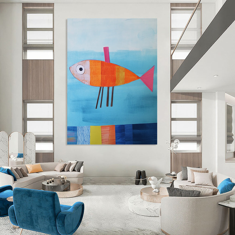 Contemporary abstract artwork features a paper fish in blue water with colorful details and textured fins against a playful backdrop. DLZ1260