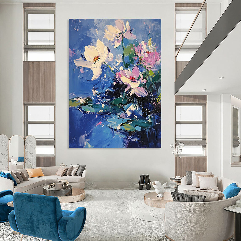 Contemporary abstract painting featuring bold brushstrokes and vibrant lotus flowers with pink accents on blue water, creating depth and movement through light and shadow. DLZ0377