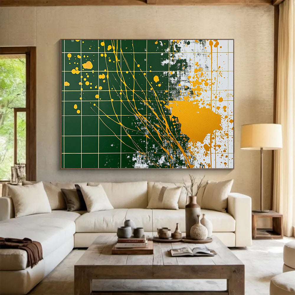 “Gold - Splatter Grid” - Green grid, yellow splatters, Abstract Painting On Canvas HB0558