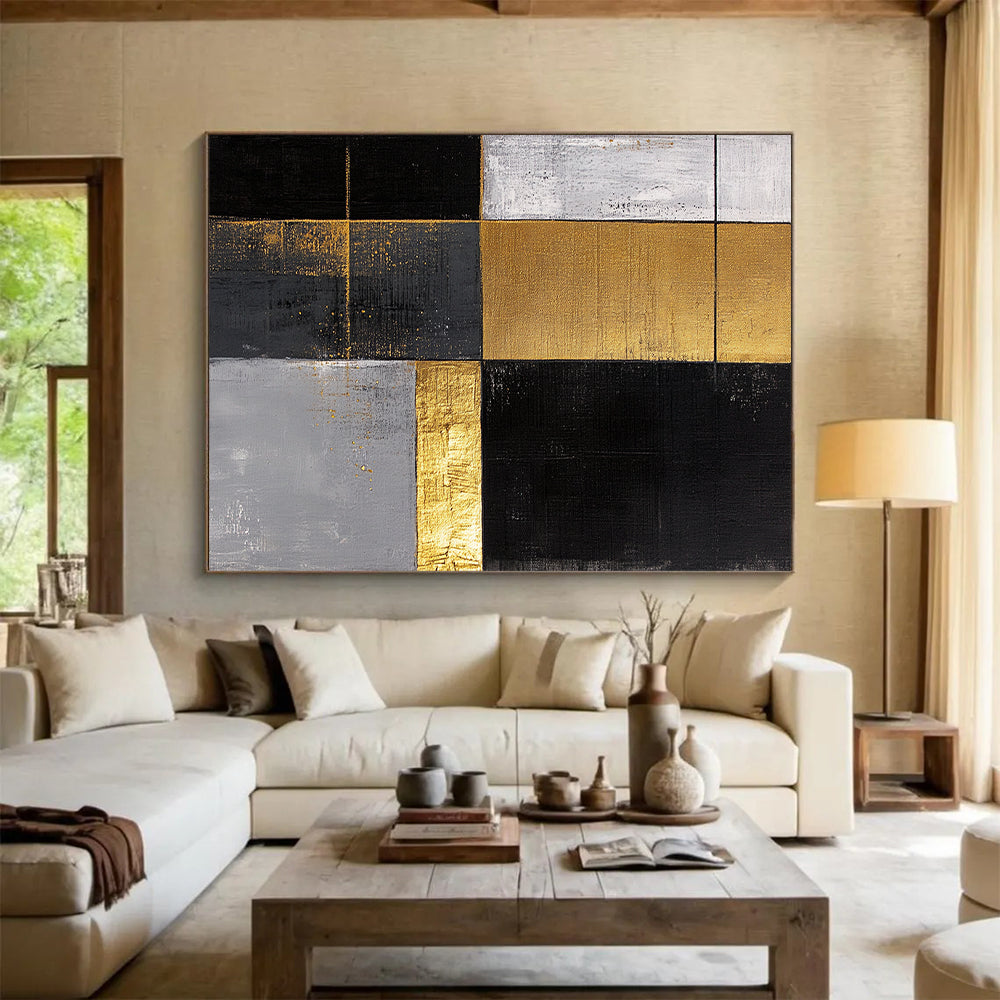 Black, White, Gold, Gray, Patchwork Squares "Gilded Mosaic Tiles" Abstract Minimalist Painting On Canvas HB162