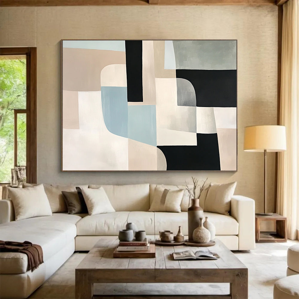 “Neutral Geometric Abstract” - Beige, Black, Blue, Gray, Geometric Forms - Painting On Canvas HB1425
