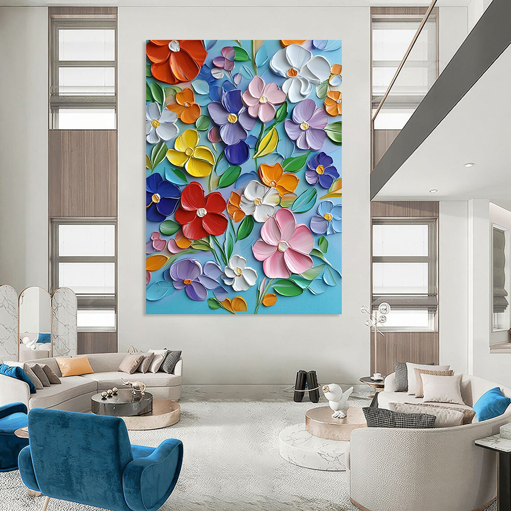 Vibrant contemporary hand-painted abstract artwork featuring blooming flowers in bold colors with textured strokes on a light blue canvas. DLZ1493