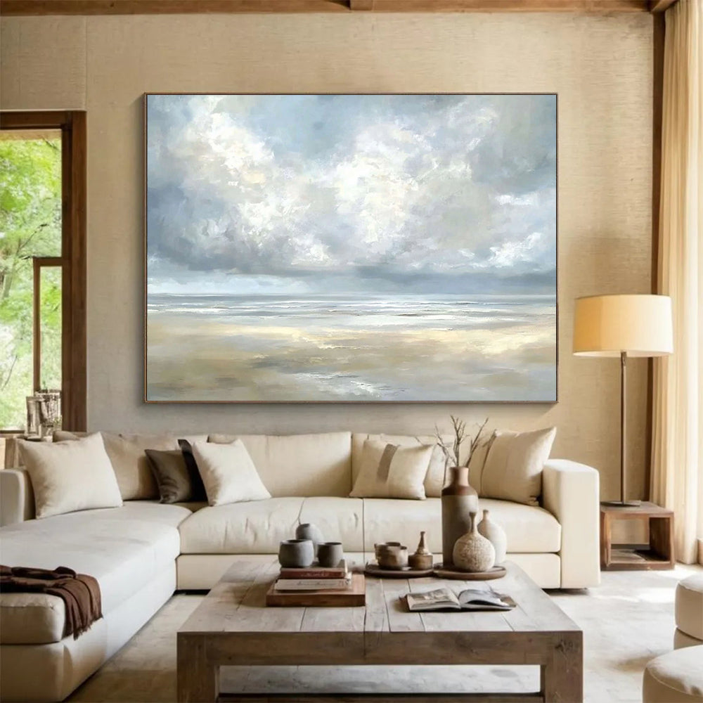 “Misty Coastal Calm” - Gray, Blue, Beige, Tranquil Seaside Clouds Painting On Canvas HB1027