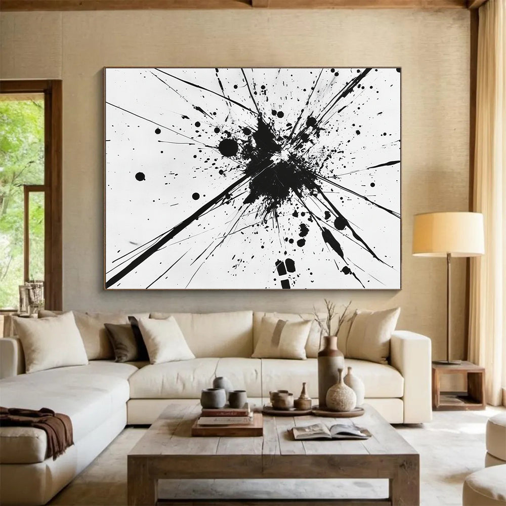 Black Splattered Explosion on White - “Energetic Ink Burst” Painting On Canvas HB218