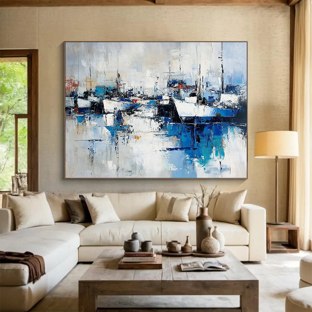 “Abstract Harbor Reflections” - Blue, White, Gray, Dynamic Boat & Water Scenes Painting On Canvas HB1022