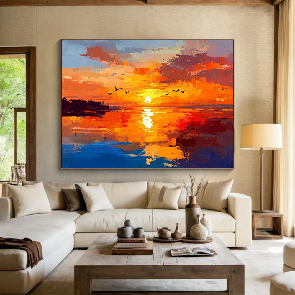 “Fiery Sunset Seascape” - Orange, Red, Yellow, Blue, Purple - Impasto Sunset Over Water - Oil Painting HB1324