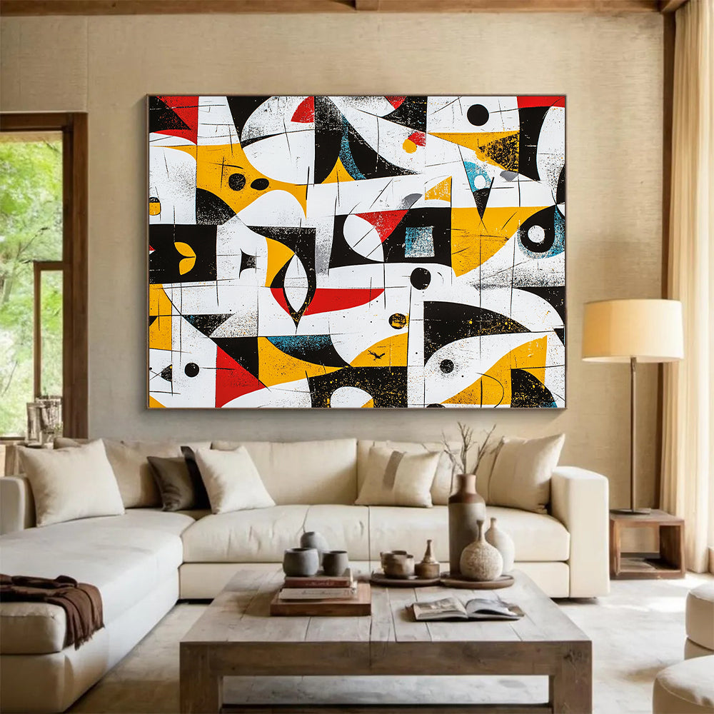 Black, White, Yellow, Red and Blue Geometric Mosaic "Colorful Labyrinth" Painting On Canvas HB325