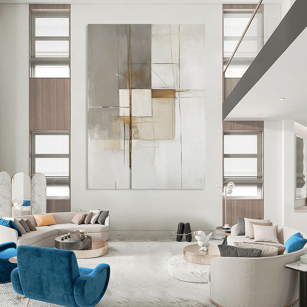 Large contemporary hand-painted abstract artwork features white gray and beige organic shapes with gold accents and heavy brushwork on a minimalist background. DLZ1742