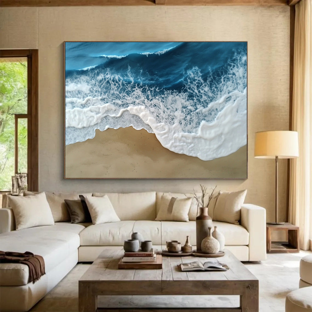 “Textured Ocean Waves” - Blue, White, Beige, 3D - Like Seascape Painting On Canvas HB0688