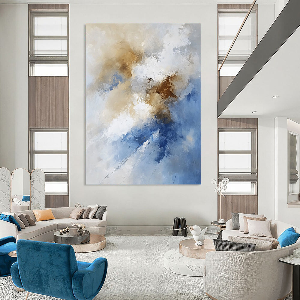 Large contemporary hand-painted abstract artwork featuring fluid lines and soft edges with tranquil beige and brown clouds creating an ethereal atmosphere. DLZ0325