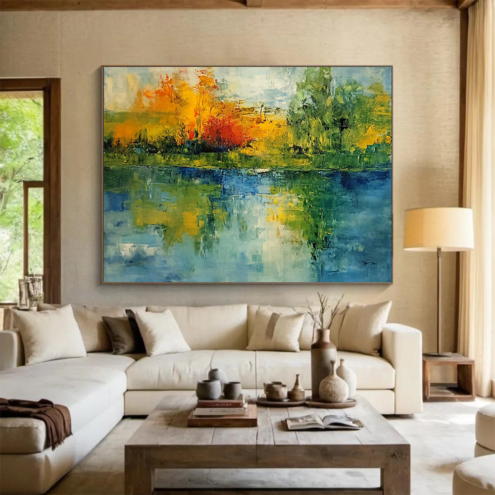 “Colorful Lake Reflection” - Green, Blue, Yellow, Abstract Tree Reflections Painting On Canvas HB0949