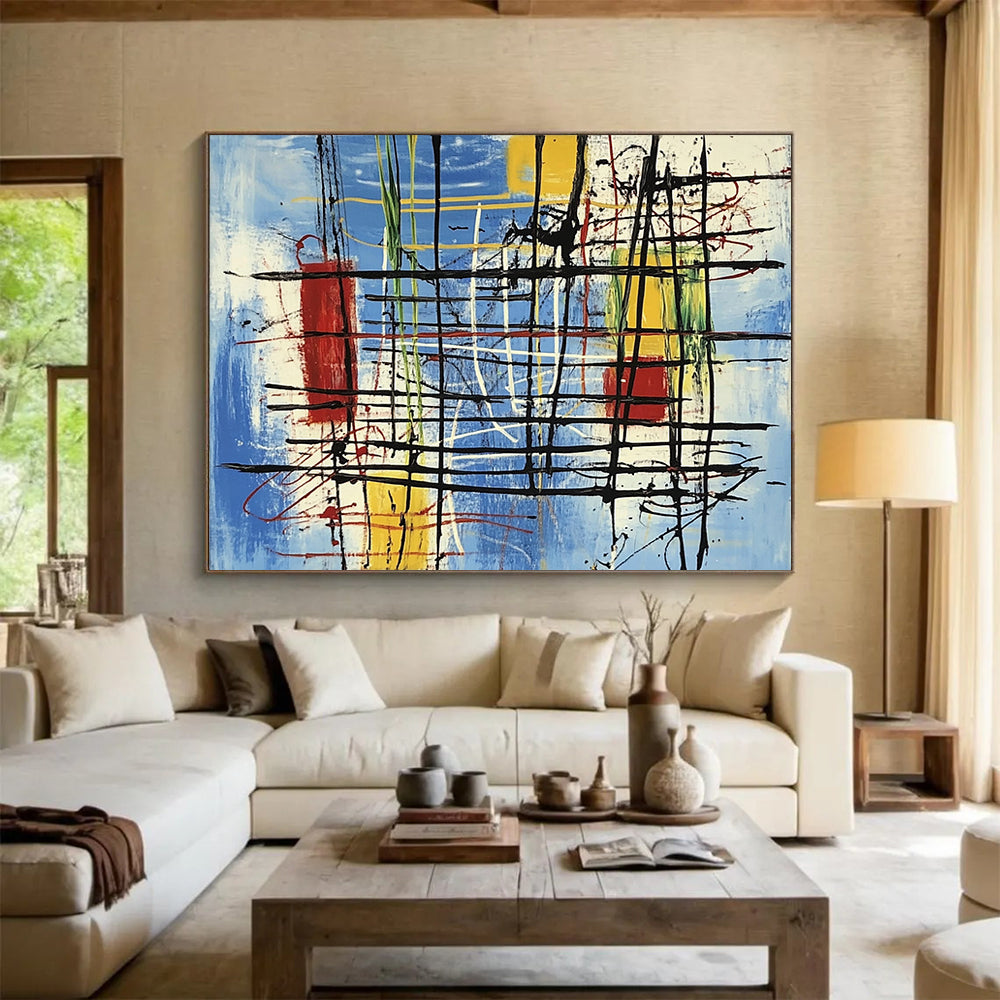 “Colorful Abstract Grid” - Blue, yellow, red, green, Abstract Expressionist Painting HB0641