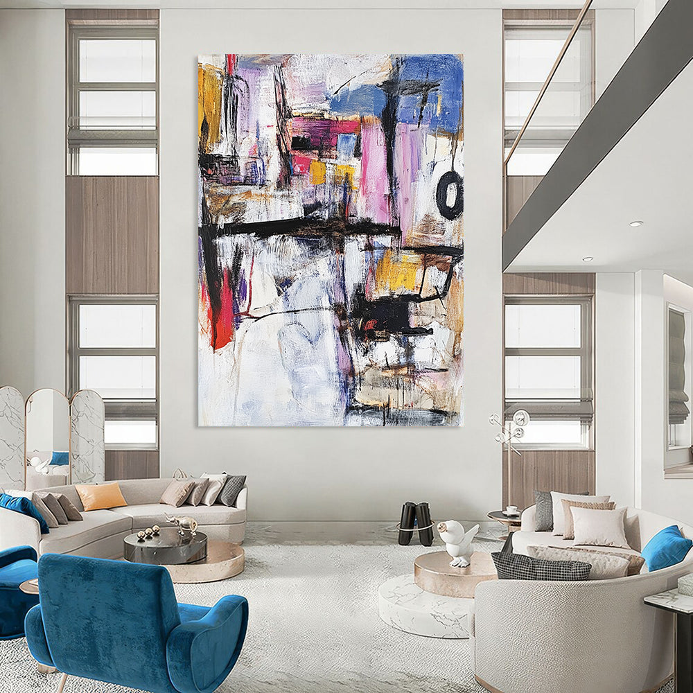 Contemporary abstract painting featuring vibrant shapes and textures in diverse colors, created with thick brush strokes and palette knife techniques in oil. DLZ0588