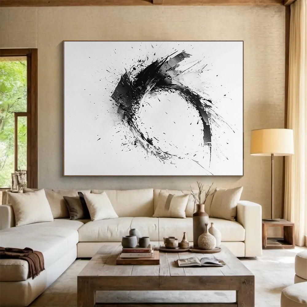 Black and White Splattered Crescent "Energetic Fragment" Painting On Canvas HB267