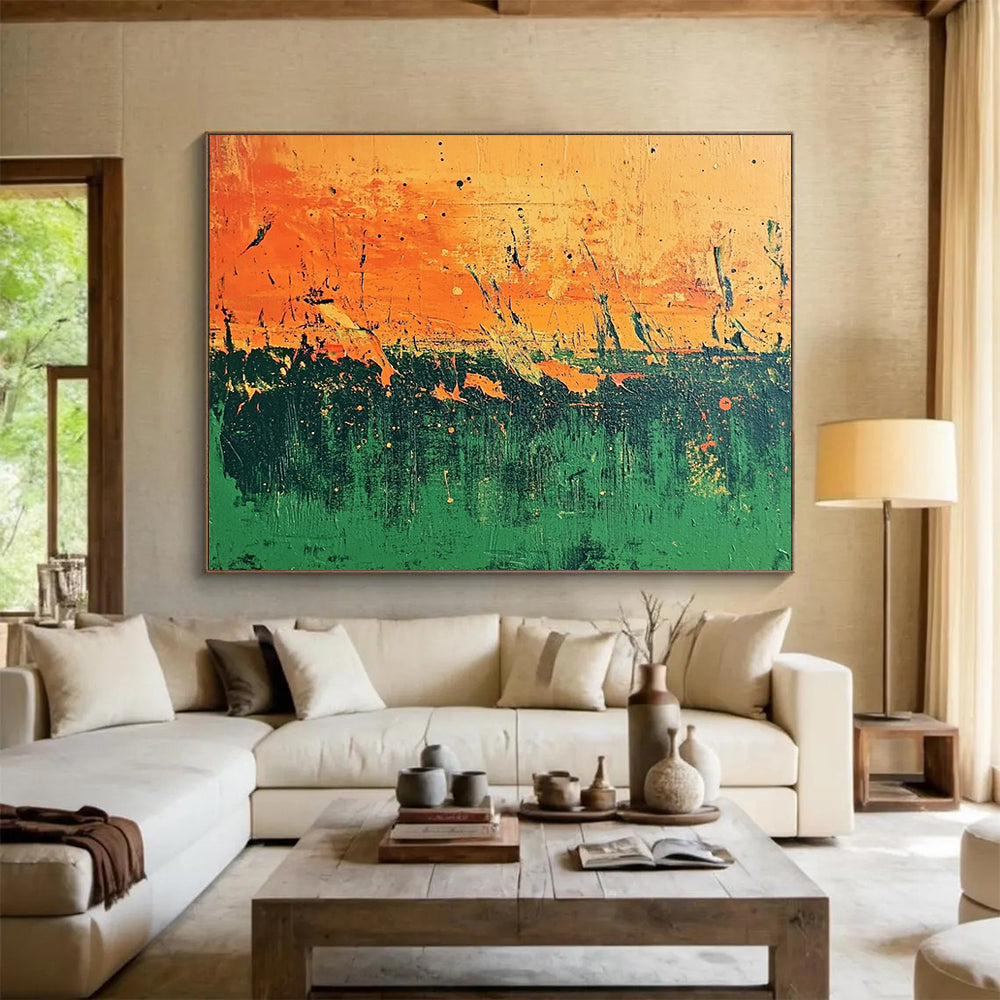 “Orange - Green Abstract Field” - Orange, Green, Abstract Field, Textured Layers HB1125