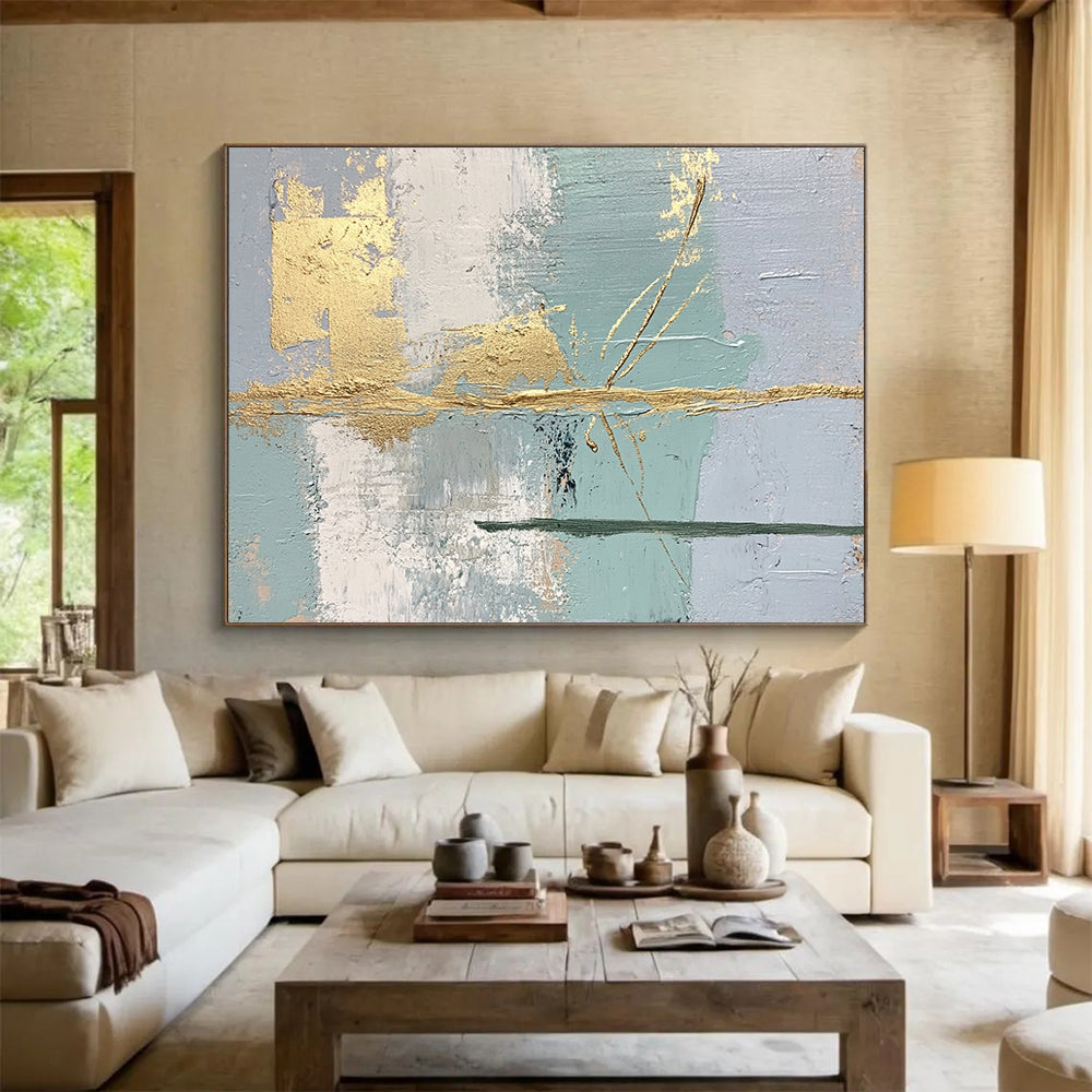 “Gold Accents on Pastel Abstract” - Light blue, gray, white, gold; Abstract with gold brushstrokes; Acrylic Painting On Canvas HB1246