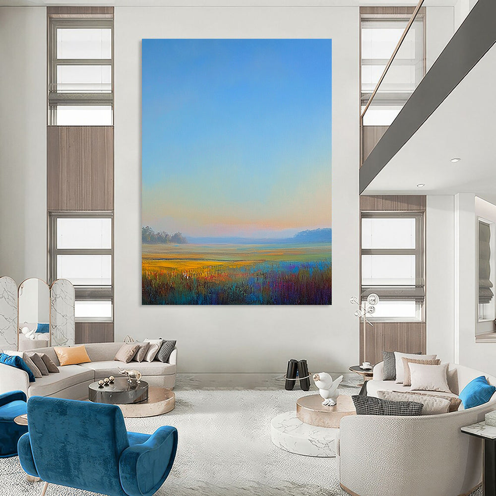 Contemporary hand-painted abstract artwork captures tranquil morning light over a serene landscape with soft hues of blue green pink and yellow. DLZ1488