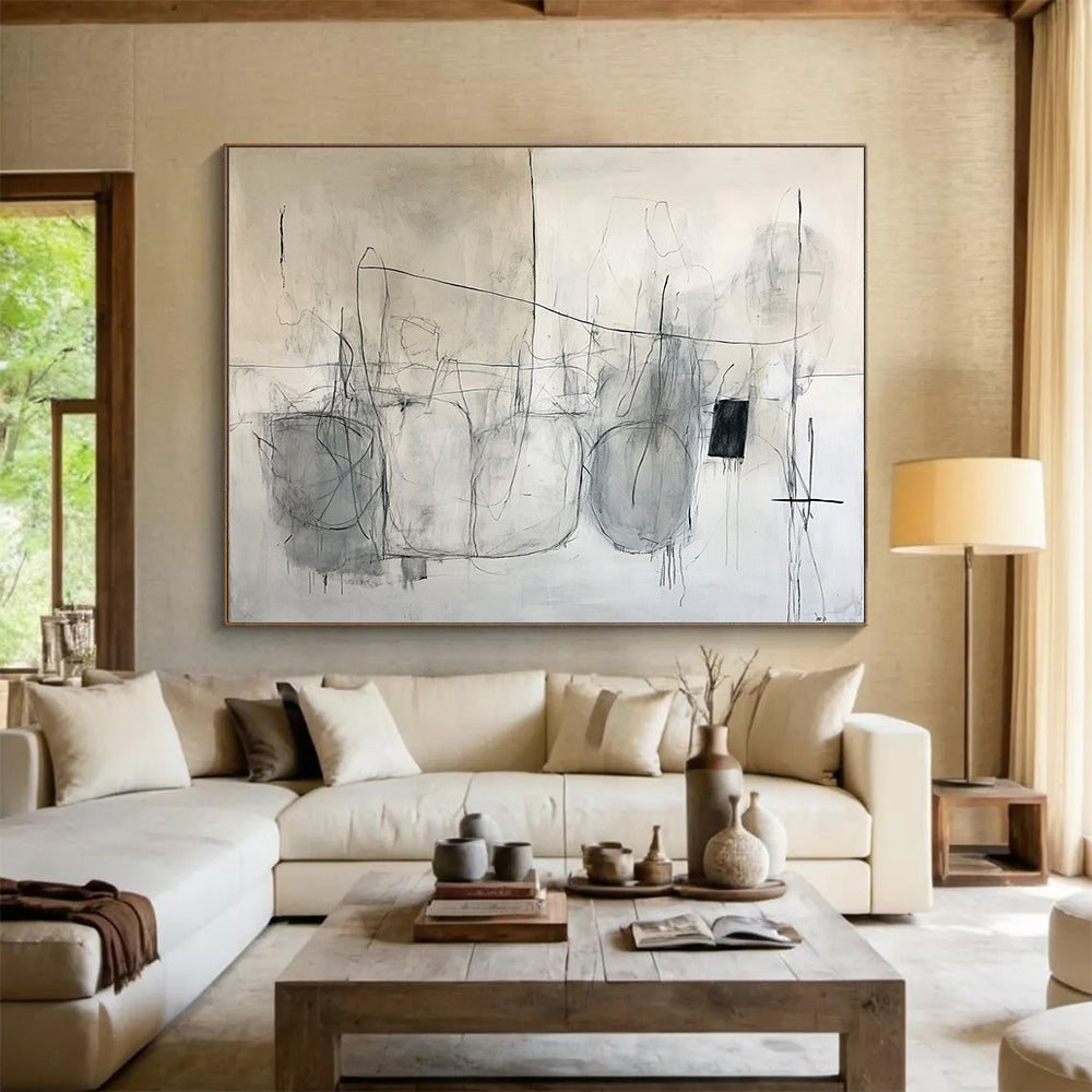 “Minimalist Sketches” - Gray, Black, White, Abstract Line Drawings Painting On Canvas HB1041