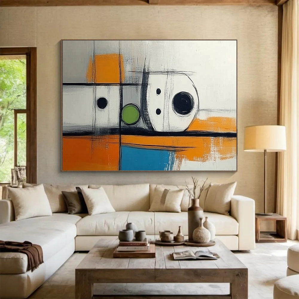 Black, White, Orange, Green and Blue Geometric Abstract "Minimalist Machinery" Painting On Canvas HB0416