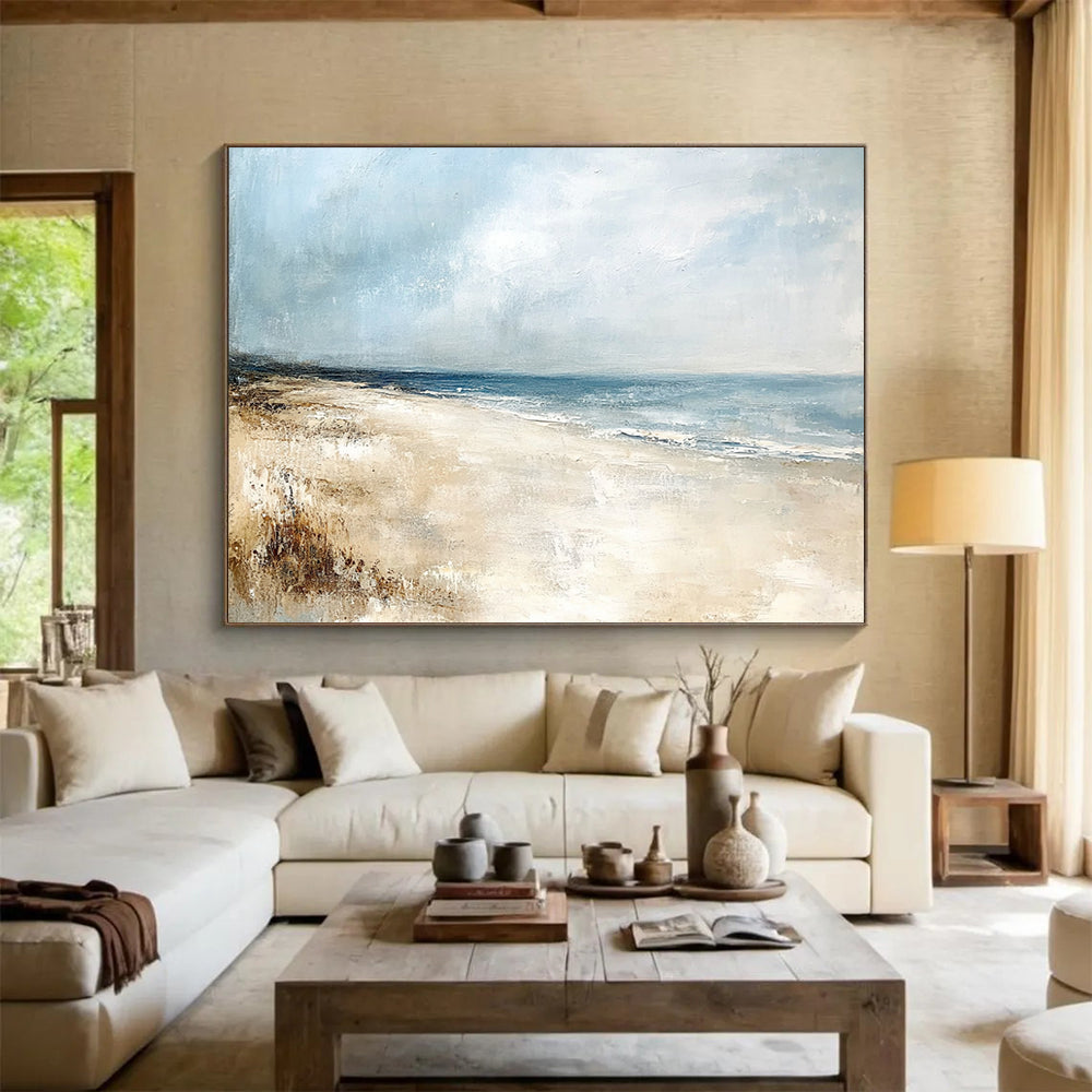 “Serene Beachscape” - Blue, Beige, Gray, Realistic - Style Abstract Beach Painting On Canvas HB1072