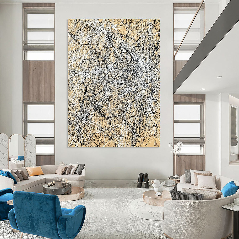 Contemporary hand-painted abstract art features intricate light brown and black crosshatching creating energetic movement and depth on canvas. DLZ0985