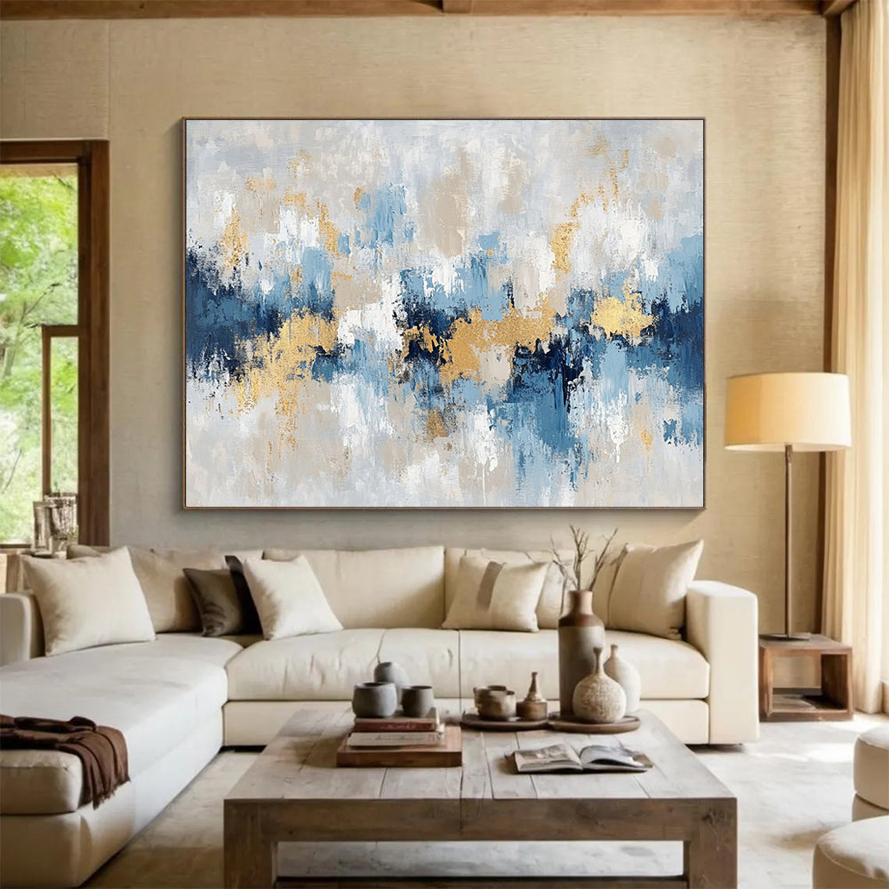 “Soft Gold - Blue - Gray Abstract Landscape” - Gold, Blue, Gray, White, Beige, Gentle Shapes Painting On Canvas HB0822