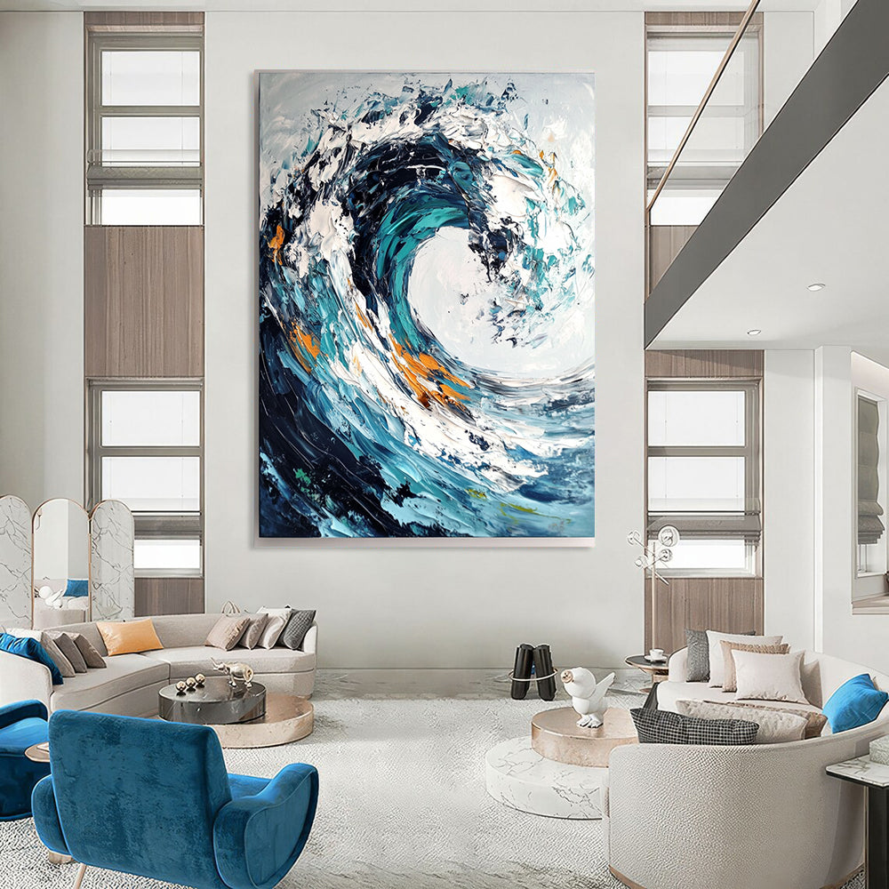 Contemporary abstract painting showcasing ocean wave with impasto brush strokes and palette knife in dark blue and teal swirls on white background. DLZ0580