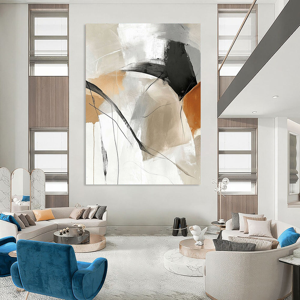 Contemporary hand-painted abstract art featuring beige and white tones with black lines beautiful curves and intertwined gray shades large blank spaces for customization. DLZ0292