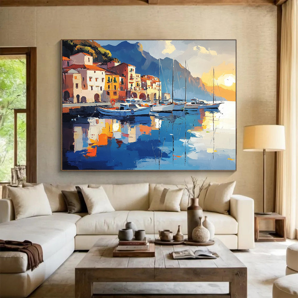 “Harbor Sunset Reflections” - Warm Oranges, Yellows, Cool Blues, Harbor at Sunset - Impasto Oil Painting HB1748
