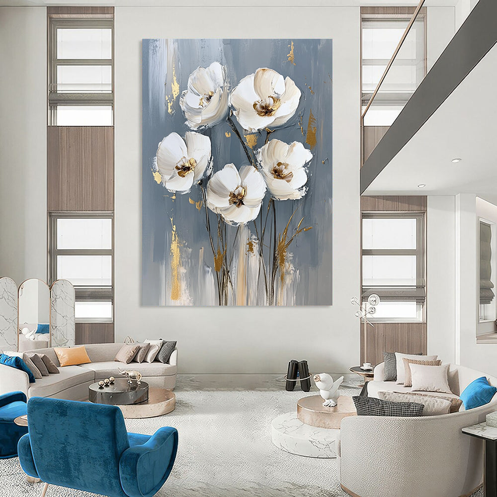 Contemporary abstract painting features white flowers on a gray background with striking gold accents, creating a sophisticated artistic touch for any space. DLZ0823