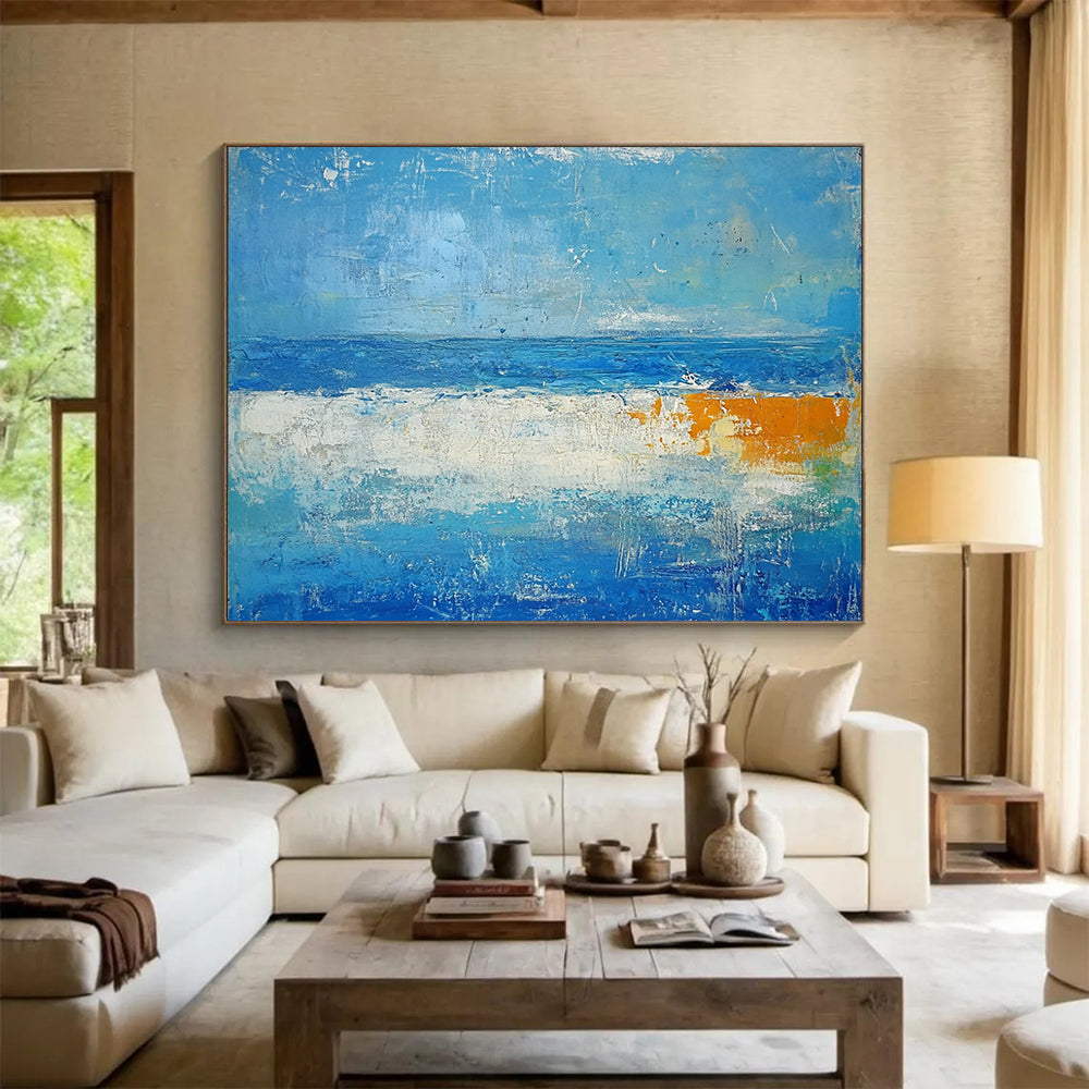 “Abstract Beach Horizons” - Blues, whites, oranges; Softly layered beach and sea; Color - Field Acrylic Painting On Canvas HB1185