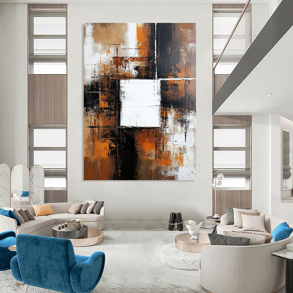 Contemporary hand-painted abstract artwork features a brown and white background with color blocks, a central white square, dark orange accents, and neutral tones. DLZ0701