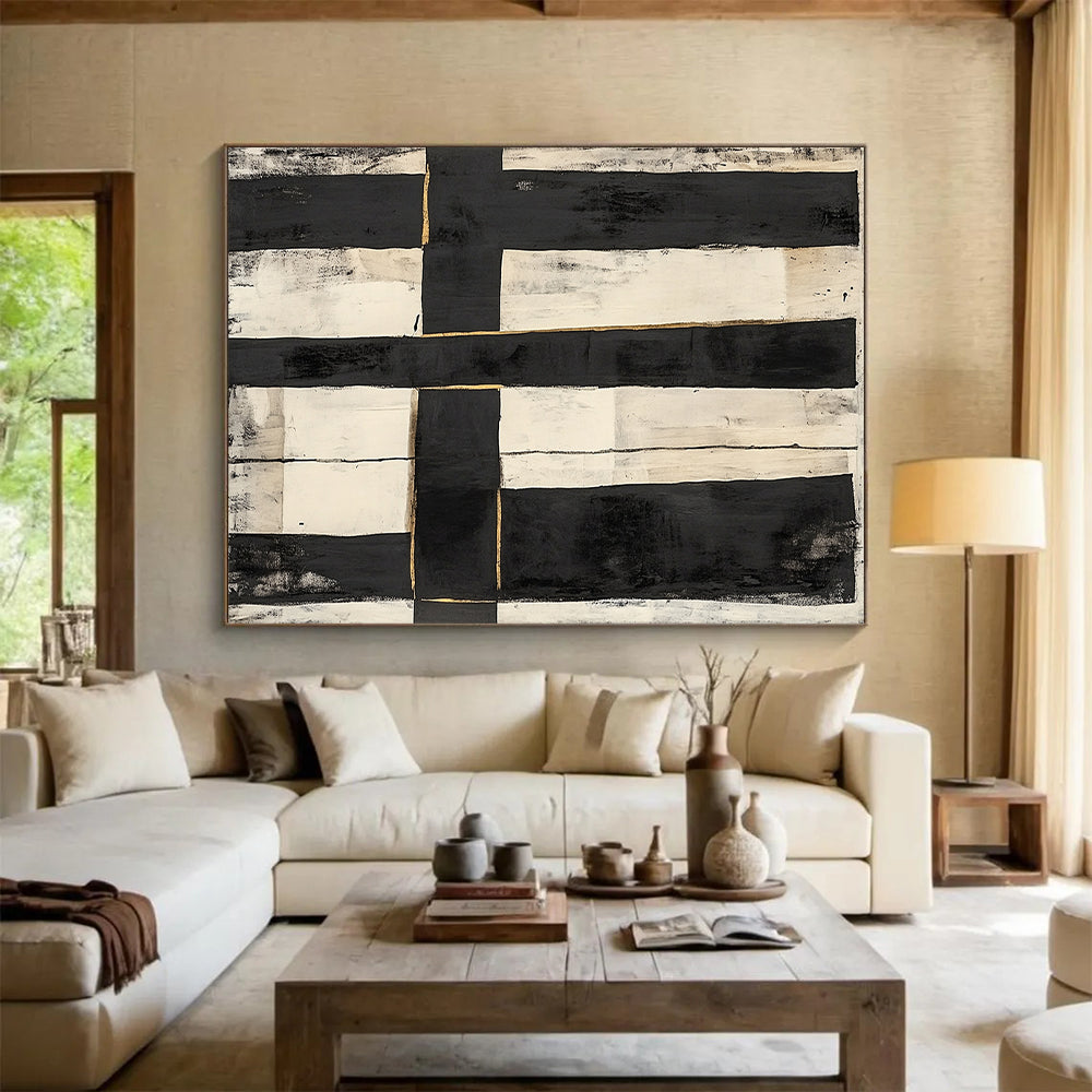 Black, White, Gold, Vertical Rectangles "Gilded Grid" Abstract Constructivist - Inspired Painting On Canvas HB142