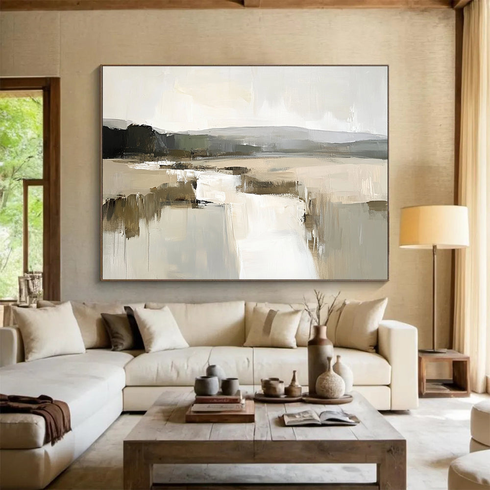 “Minimalist Lake Landscape Abstract” - Beige, Gray, White with Lake Forms - Painting On Canvas HB1402