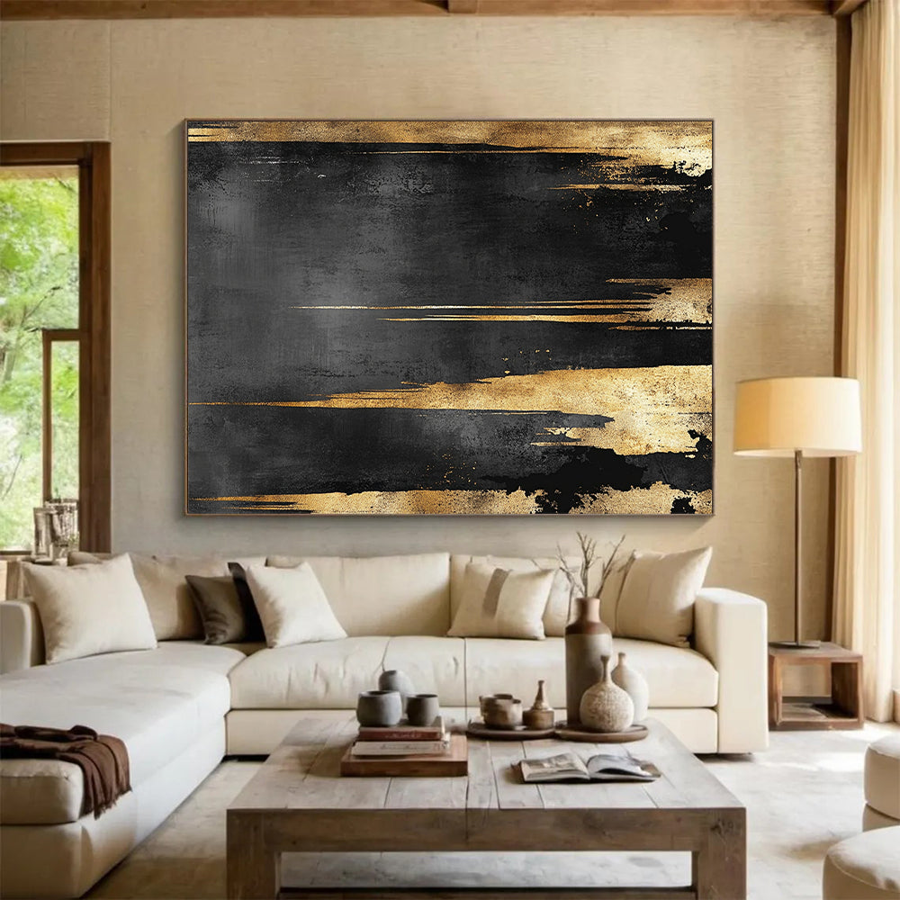 Black, Gray & Gold Dripping Panels - “Monochrome Gilded Falls” Painting On Canvas HB199