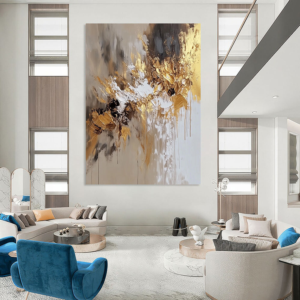 Contemporary hand-painted abstract art featuring beige and white hues with golden accents, perfect for modern aesthetic spaces. DLZ0729