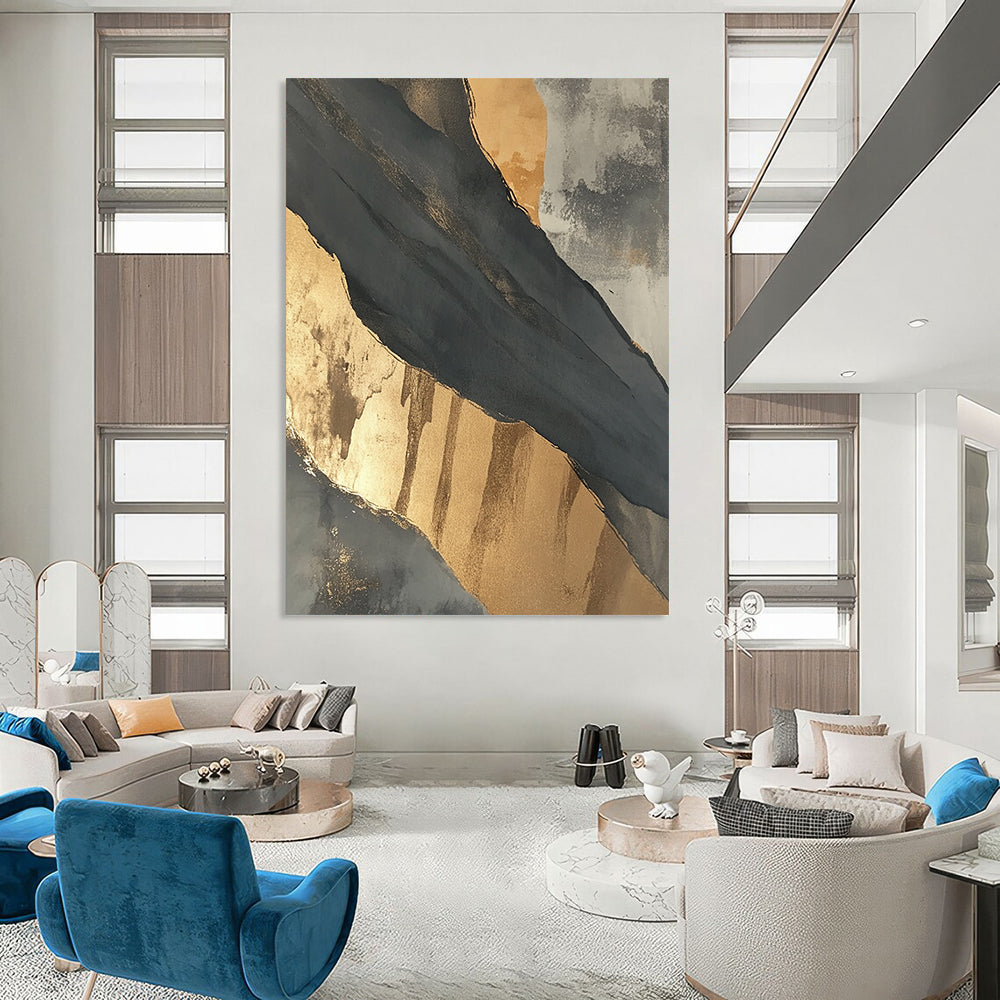 Contemporary large hand-painted abstract artwork featuring intricate black and gray patterns highlighted by elegant gold accents. DLZ1715