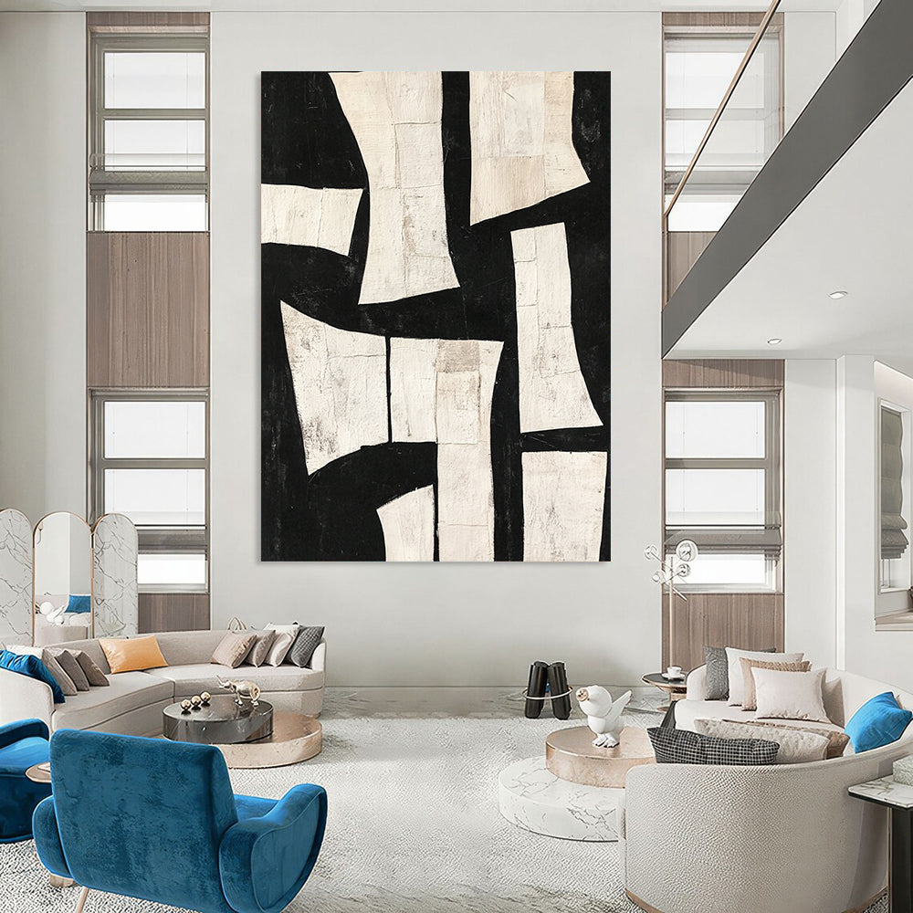 Contemporary hand-painted abstract art featuring deconstructed minimalist shapes and torn paper collage in dynamic white on black. DLZ0303