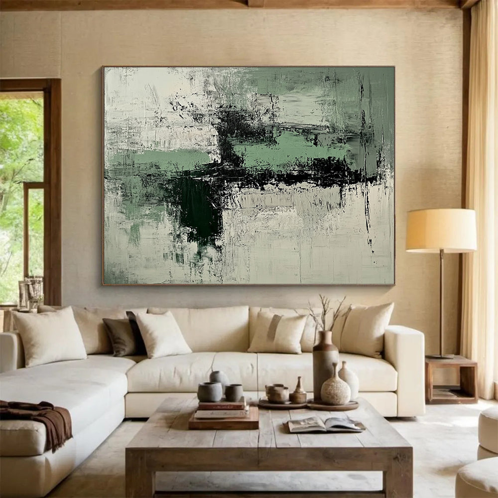 “Green and Gray Abstract Textures” - Green, gray, white, black; Textured abstract with green and gray; Acrylic Painting On Canvas HB1250