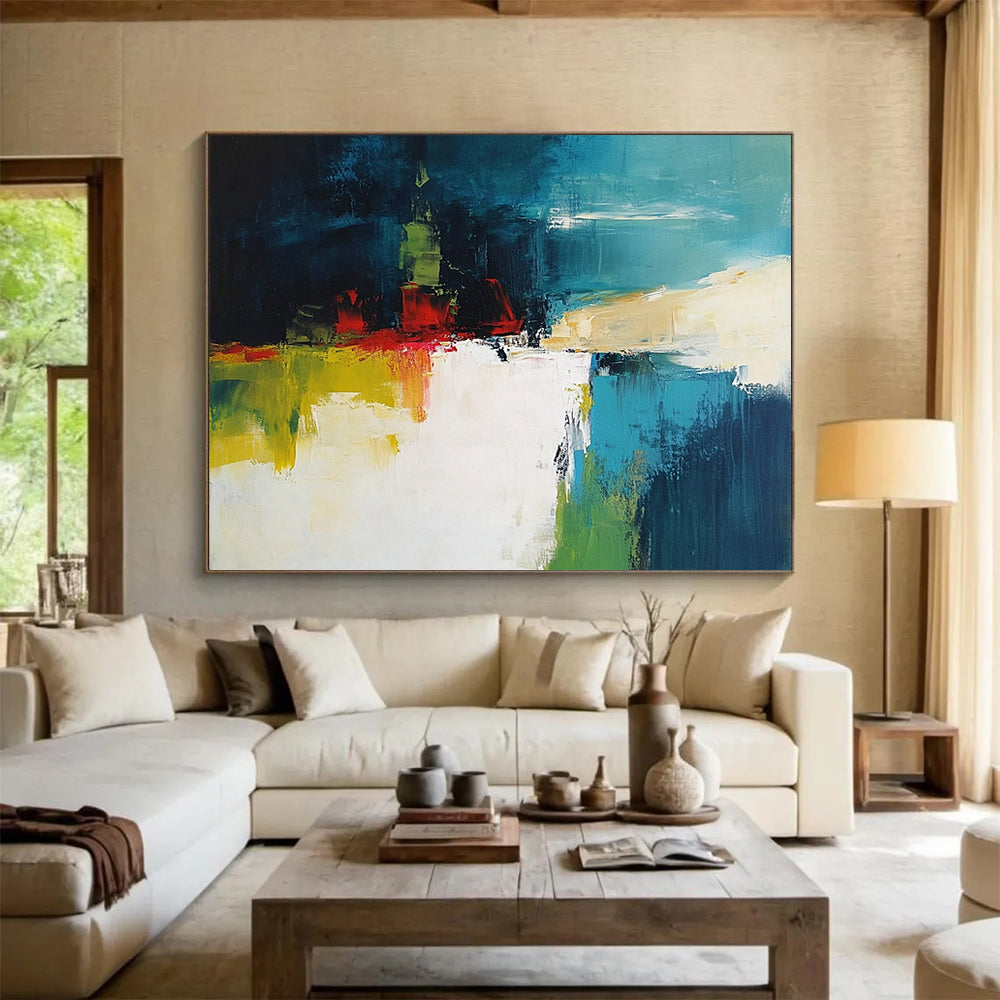 “Colorful Abstract City” - Blue, Green, Red, Abstract Urban Scene Painting On Canvas HB0952