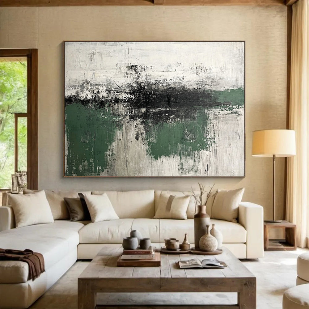 “Green - Gray Textures” - Green, Gray, White, Abstract Textured Landscape Painting On Canvas HB1065