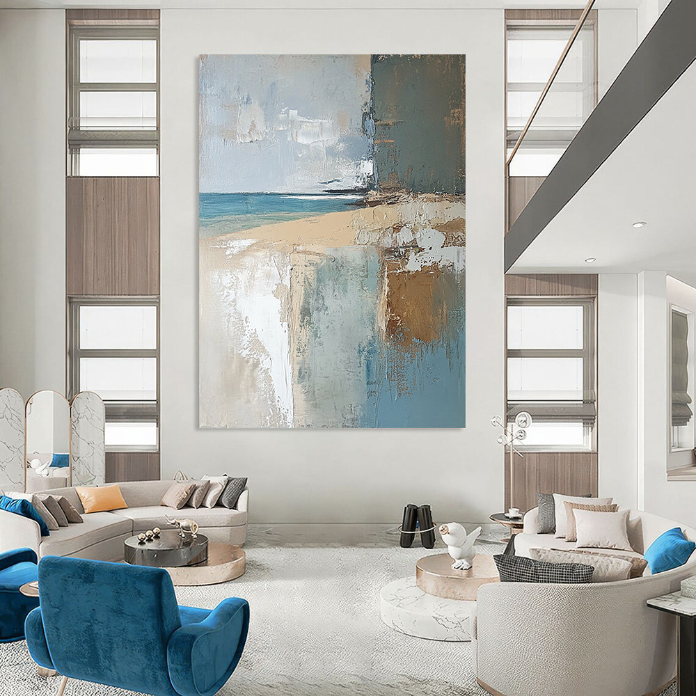 Contemporary abstract painting featuring a textured English beach scene in muted earthy tones, showcasing light blue, brown, neutral green, and grey. DLZ0454