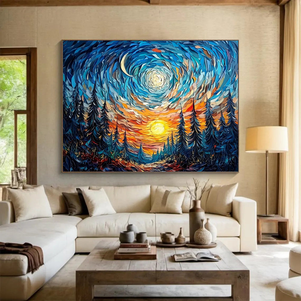 “Swirling Starry Forest” - Blue, Orange, Yellow, Abstract Starry Night Landscape Painting On Canvas HB1114