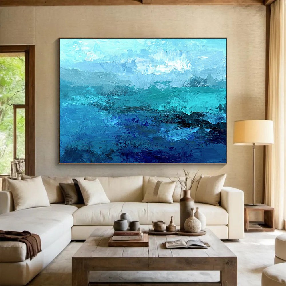 “Ocean Depths in Blue” - Shades of blue; Abstract ocean waves; Impasto Oil Painting On Canvas HB1186
