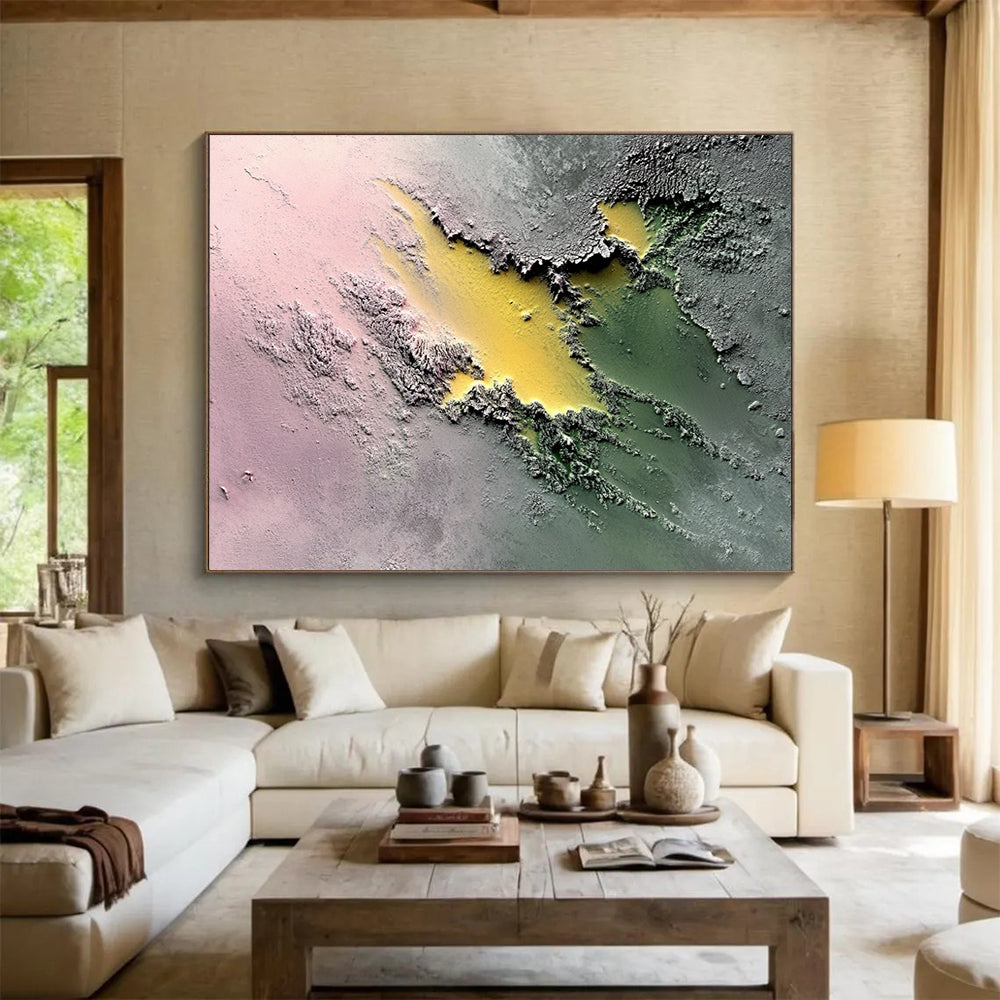 “Colorful Textured Terrain” - Pink, Yellow, Green, Textured Abstract Painting On Canvas HB0780