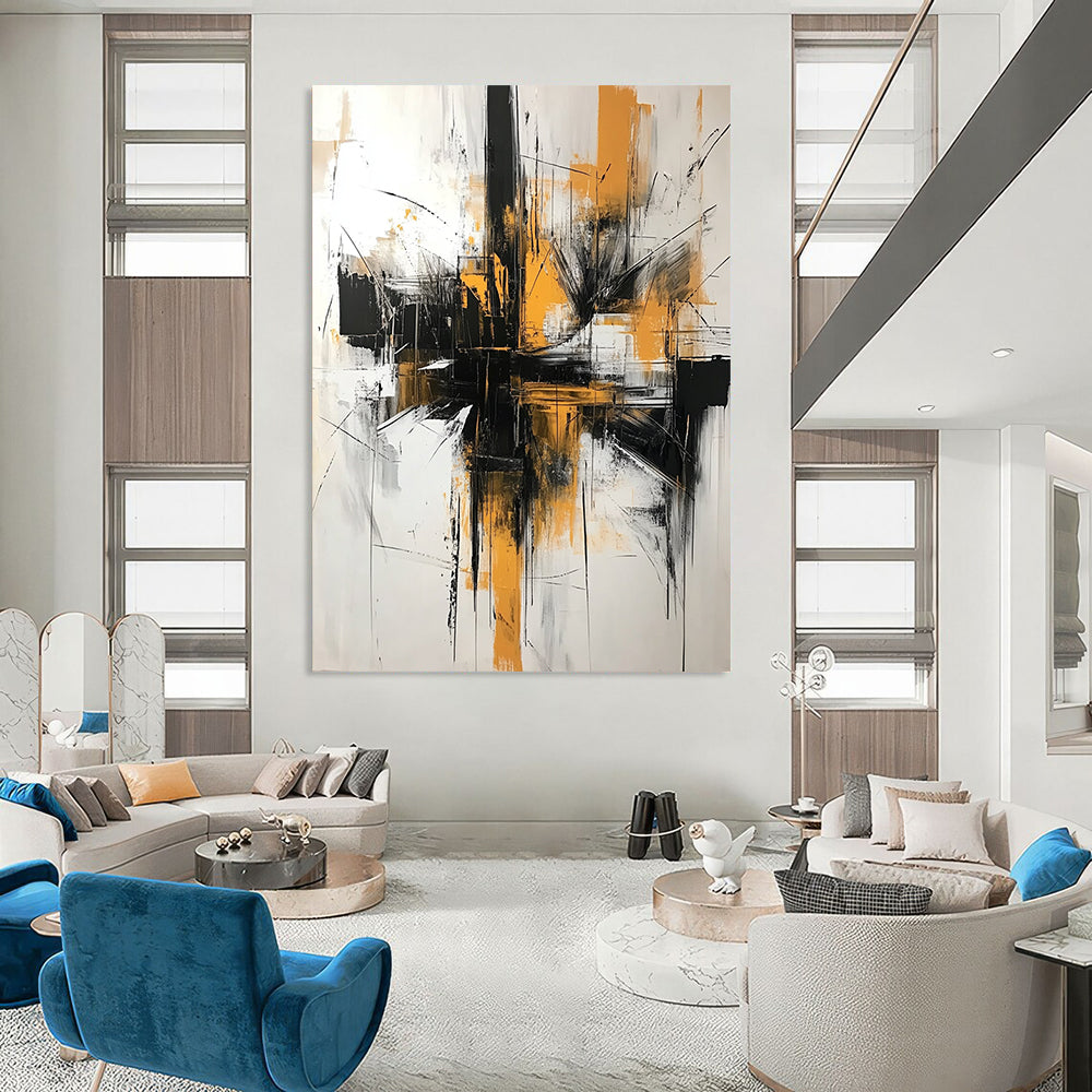 Contemporary hand-painted abstract artwork featuring black and white brushstrokes with yellow accents creating dynamic architectural shapes against an off-white background. DLZ1372