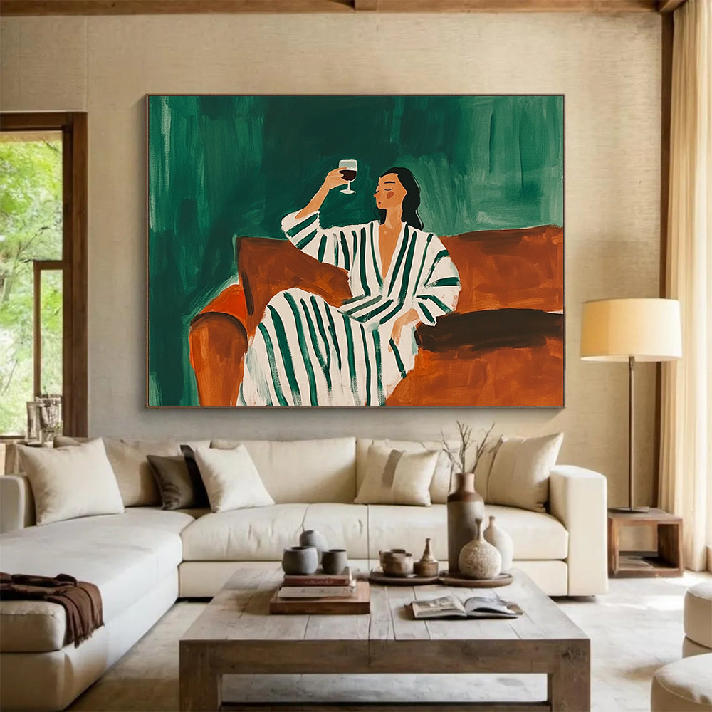 “Relaxed Figure with Wine” - Green, Brown, White, Stylized Figure Scene - Acrylic Painting HB1660