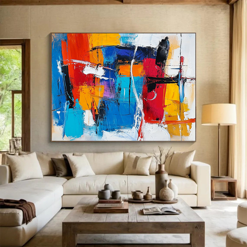 “Vibrant Abstract Expressionist” - Red, blue, yellow, orange, white; Bold abstract expressionist brushstrokes; Acrylic Painting On Canvas HB1239